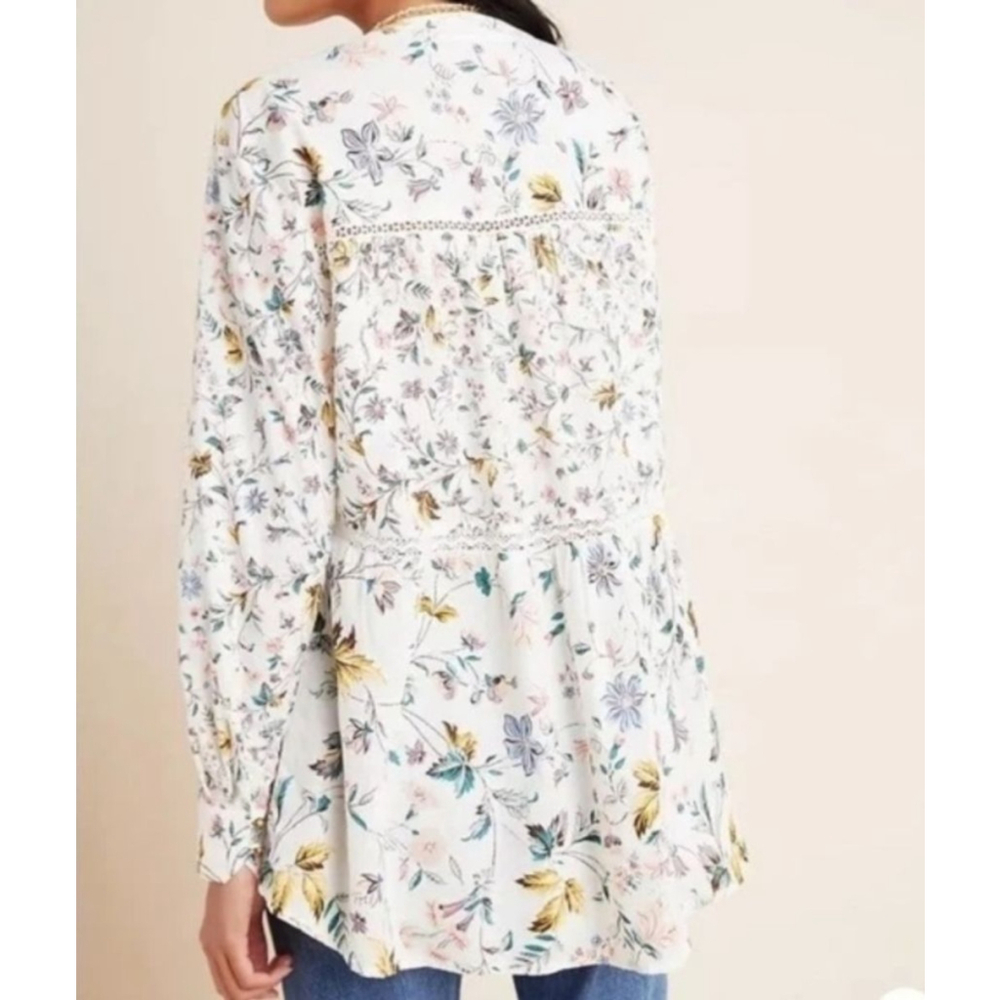 ANTHROPOLOGIE Ginevra Lace Babydoll Blouse M White Floral Long Sleeve - Picture 2 of 7